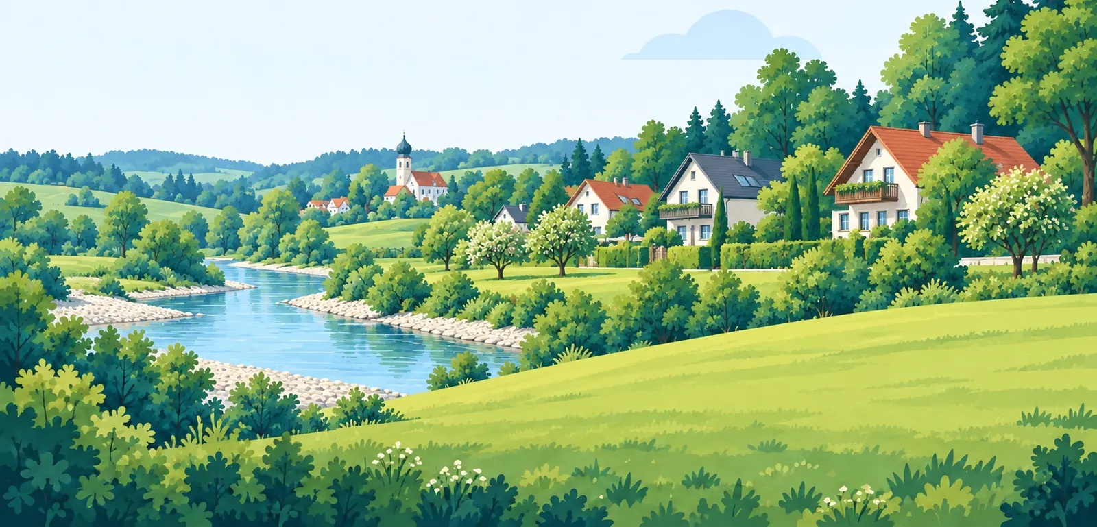 Illustration: Einfamilienhäuser und Landschaft im Landkreis Landshut