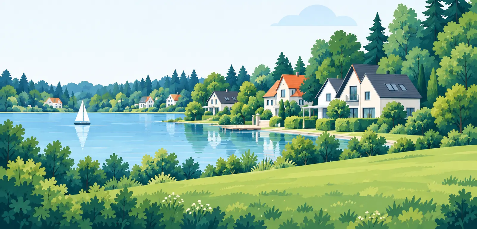 Illustration: Einfamilienhäuser und Landschaft im Landkreis Teltow-Fläming