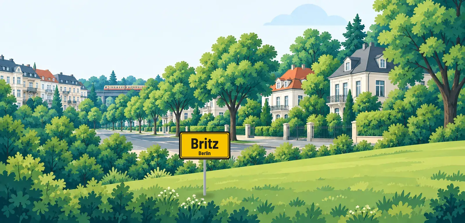 Ortsschild Britz, Berlin: Illustration mit Einfamilienhäusern und Landschaft