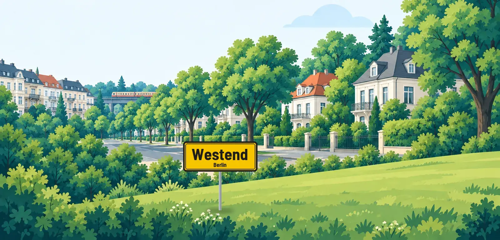 Ortsschild Westend, Berlin: Illustration mit Einfamilienhäusern und Landschaft